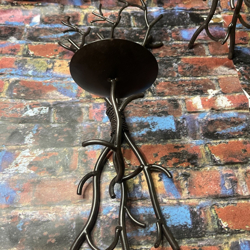 Pair Vintage Wrought Iron Wall Candle Holders Tree Branch Brutalist Rustic 16"